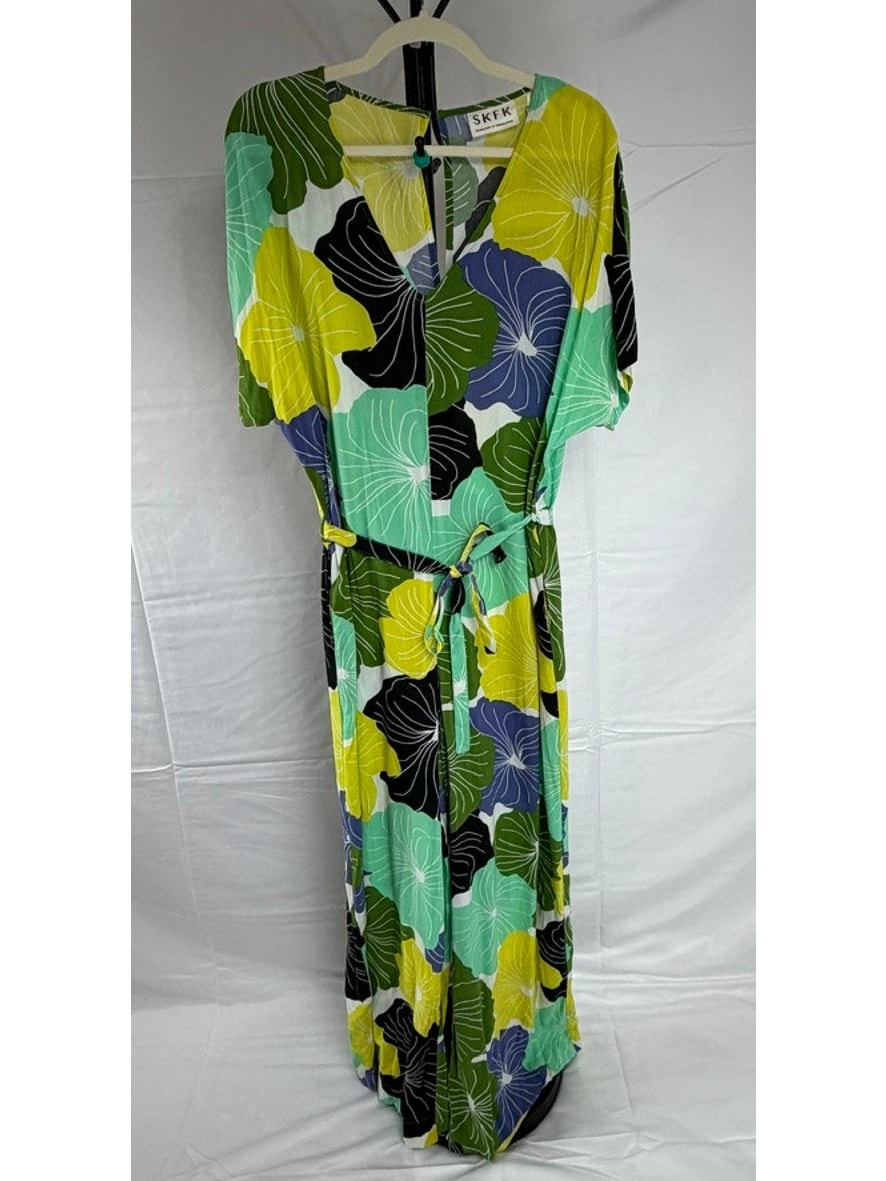 Skfk Oversized Floral Blue Green Ecovera Waist Tie V-Neck Kaie Jumpsuit Size 6